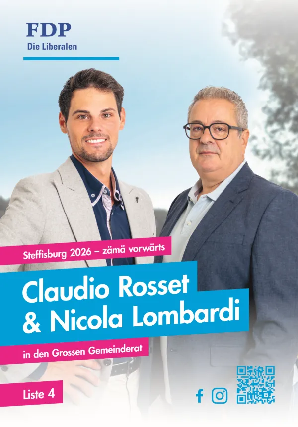 Wahlplakat Liste 4 mit Claudio Rosset und Nicola Lombardi, Grosser Gemeinderat
