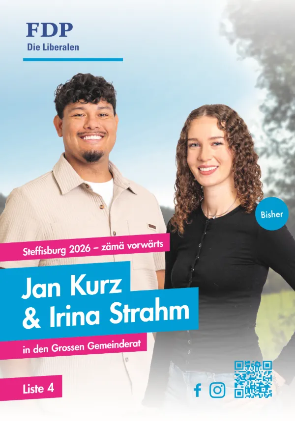 Wahlplakat Liste 4 mit Jan Kurz und Irina Strahm, Grosser Gemeinderat