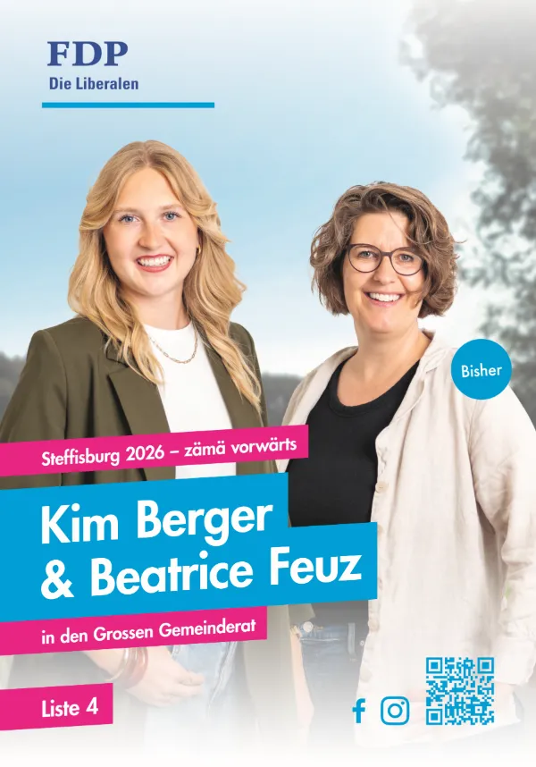 Wahlplakat Liste 4 mit Kim Berger und Beatrice Feuz, Grosser Gemeinderat