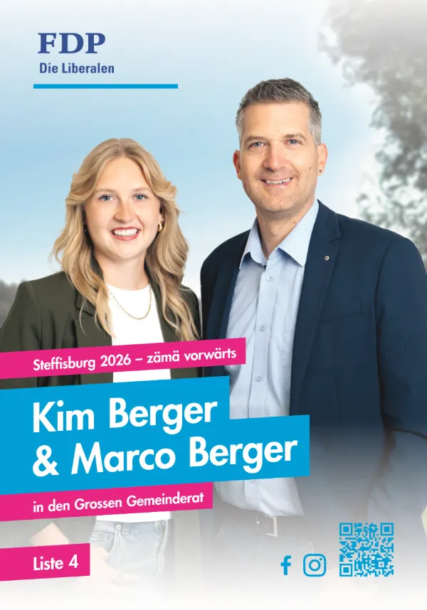 Wahlplakat Liste 4 mit Kim Berger und Marco Berger, Grosser Gemeinderat